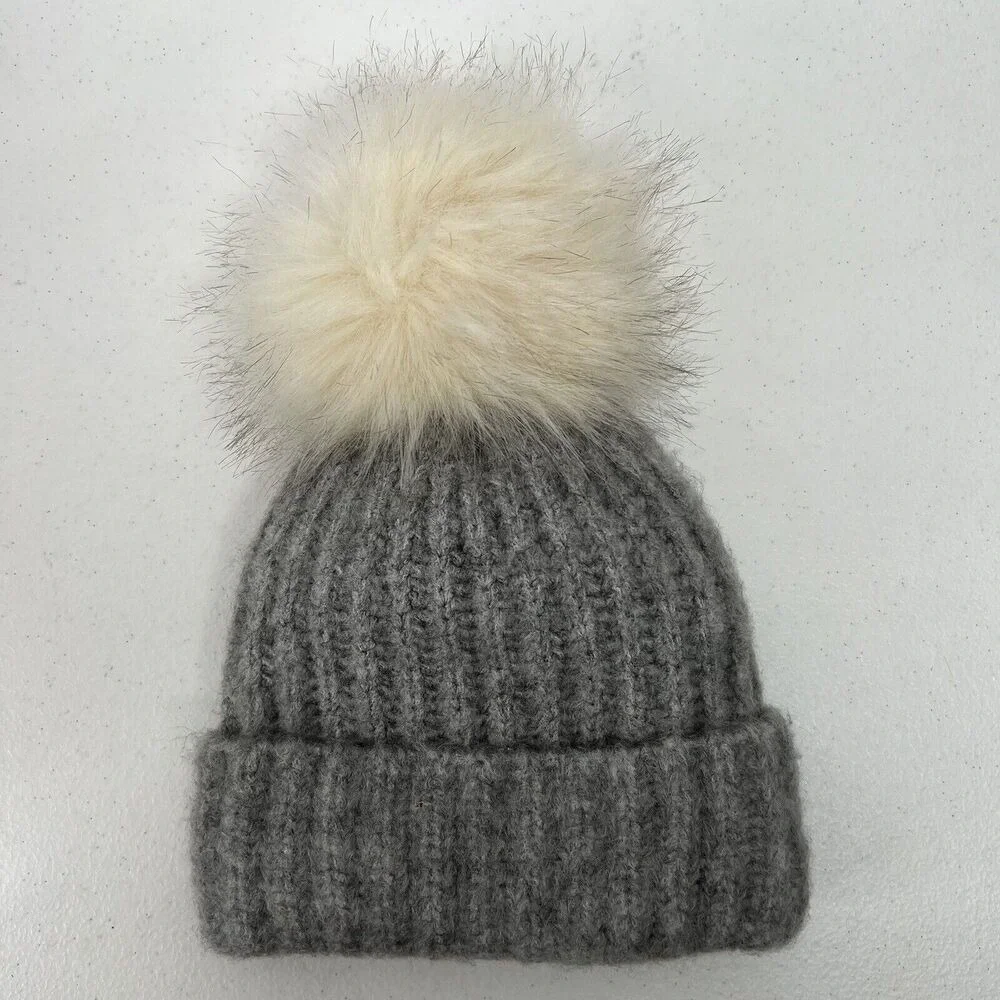 Starting Out Size Infant Beanie Hat Gray Faux Fur Pom Pom Baby Girl Winter‎